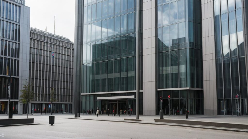 Glass office buildings by a wide square