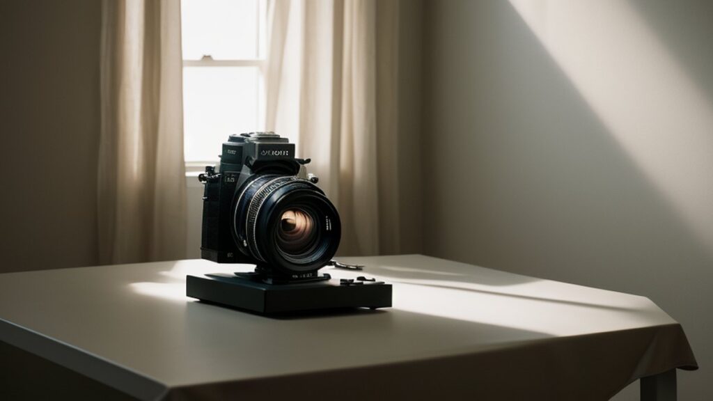 A camera with a large lens on a table by a window