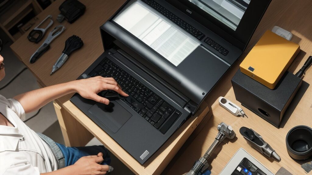 A laptop and service tools on a workbench
