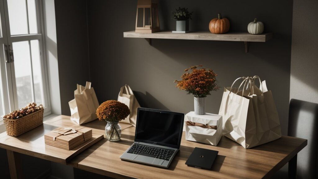 Shopping bags, a laptop and autumn decorations on a desk