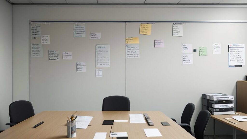 A meeting room with sticky notes on a whiteboard