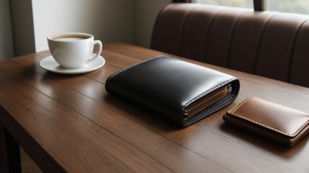 A wallet and a cup of coffee on a cafe table