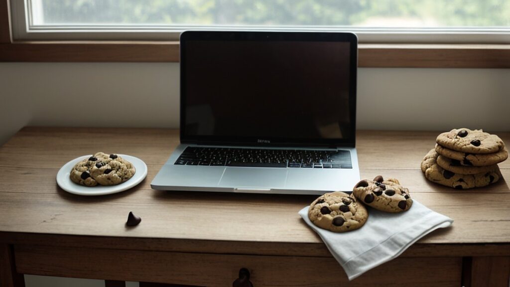 Ciasteczka z czekoladą obok laptopa na drewnianym stole