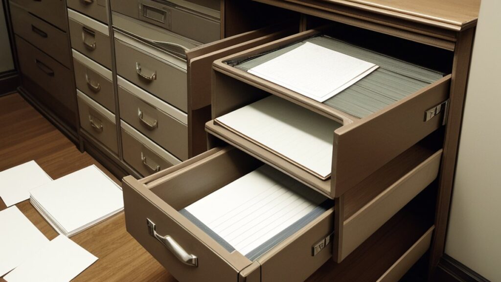 Open drawers of a card catalogue cabinet