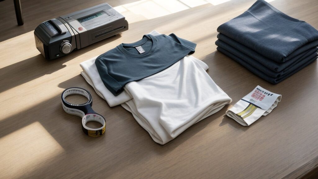 Folded T-shirts, a tape measure and a label on a wooden table
