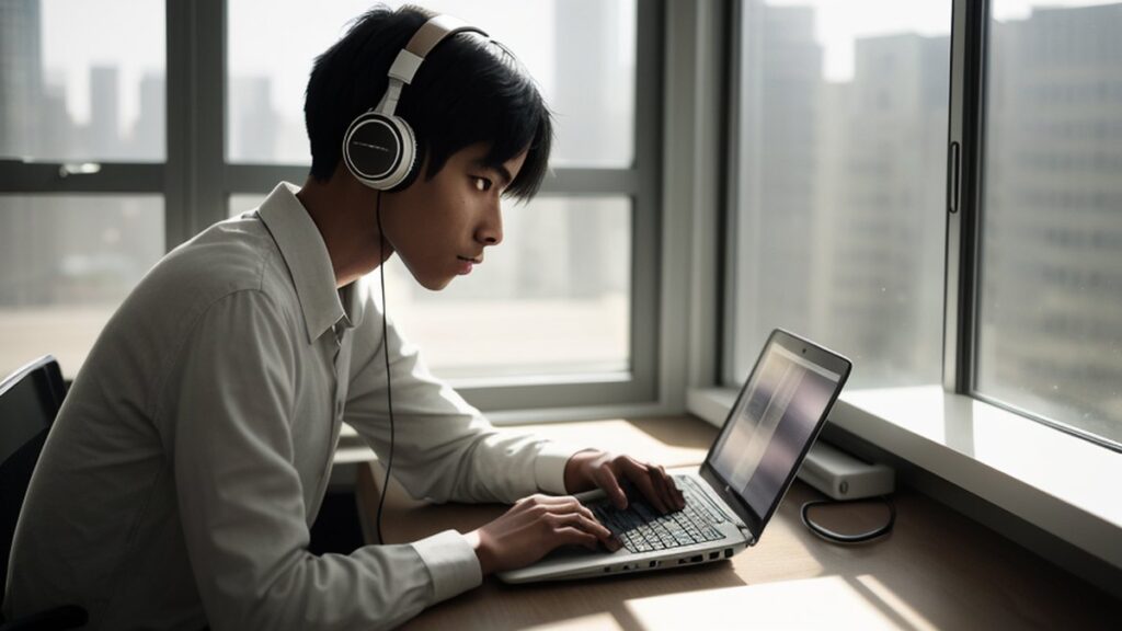 A man in headphones working on a laptop by a window