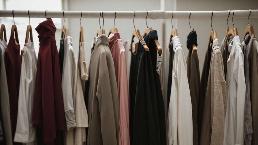 A clothes rail with garments in various colours in a shop