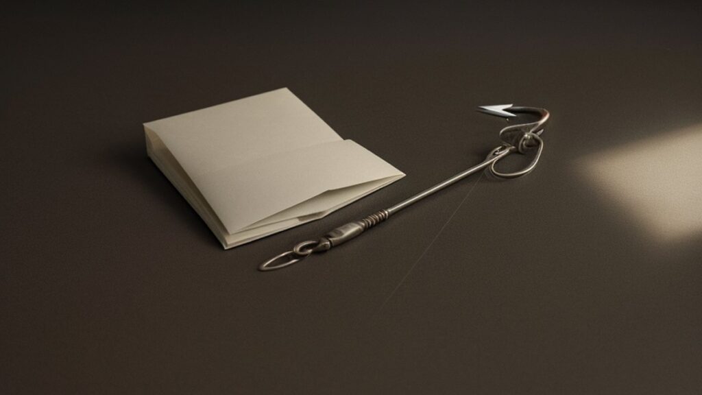 A fishing hook next to a paper envelope on a dark background