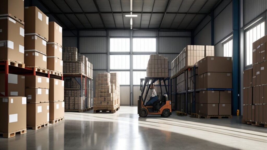 A warehouse with shelves full of boxes and a forklift