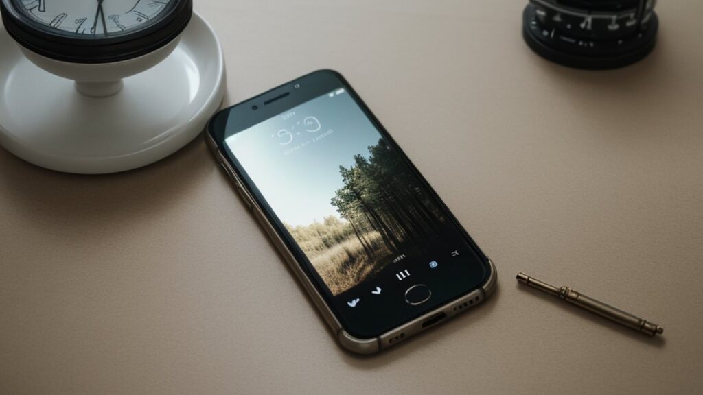 A smartphone lying on a table next to a clock