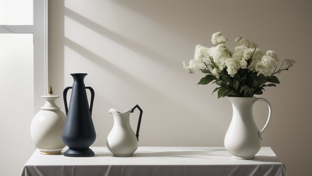 White and navy vases with flowers on a table in a bright studio