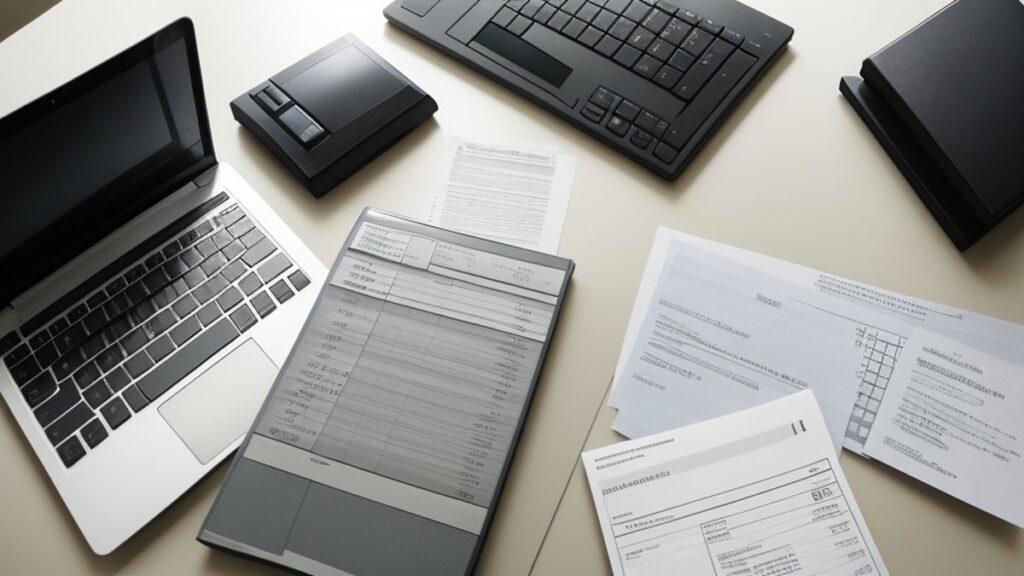A laptop, a calculator and printed documents on a desk
