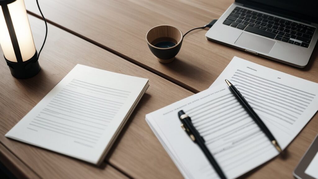 Agreement papers with a pen on a desk next to a laptop