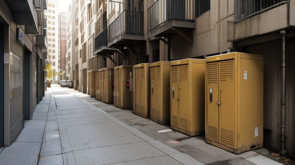 A row of yellow locker units along a city pavement