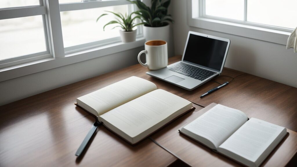 Notebooks, a laptop and a mug on a table by a window