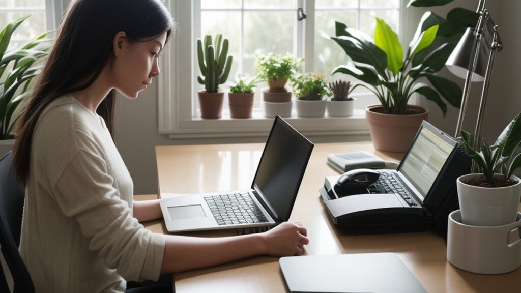 A woman typing on a laptop in a bright home office with plants
