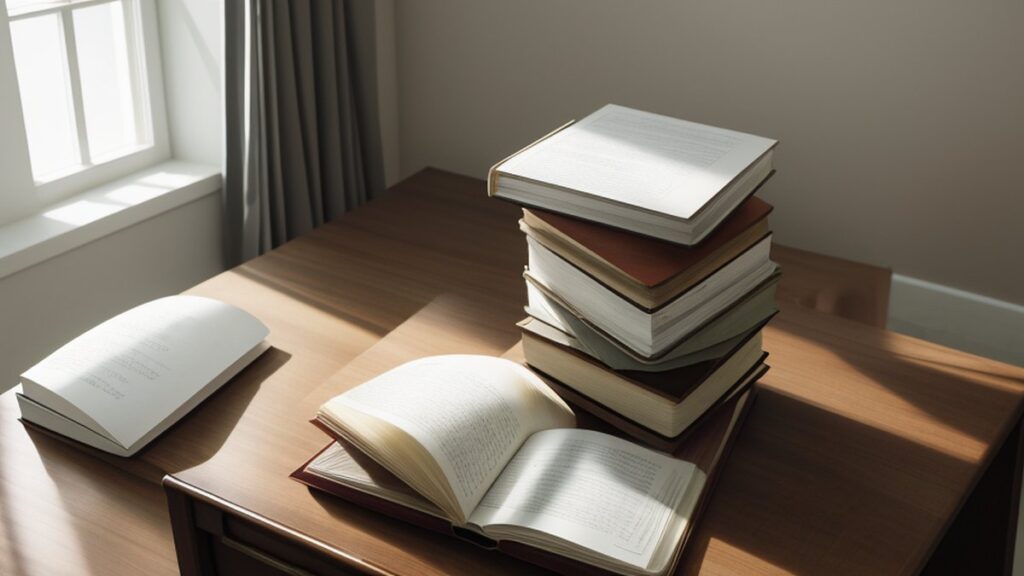 A pile of books and open books on a desk