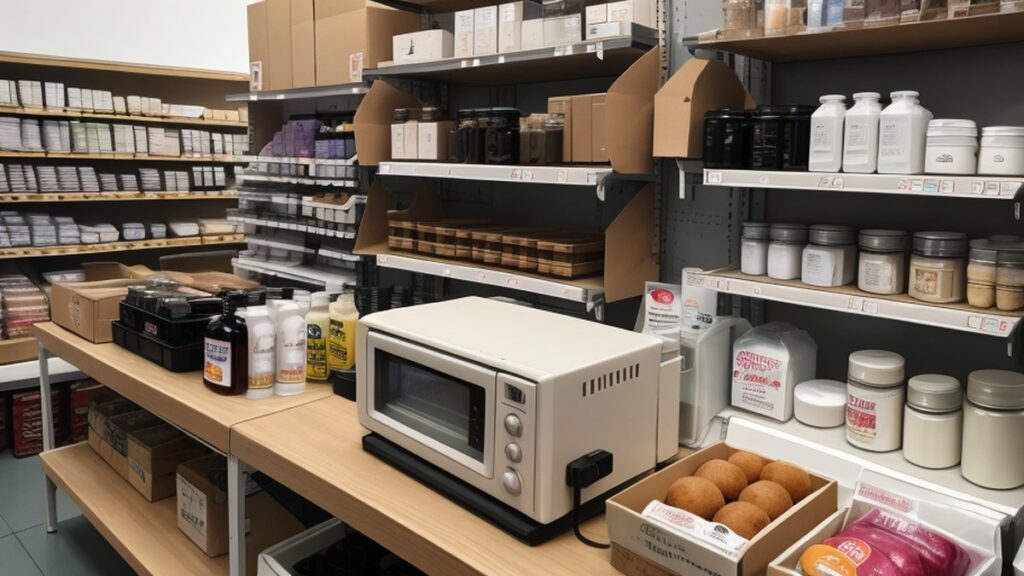 Shop shelves with products in the back room of a small store