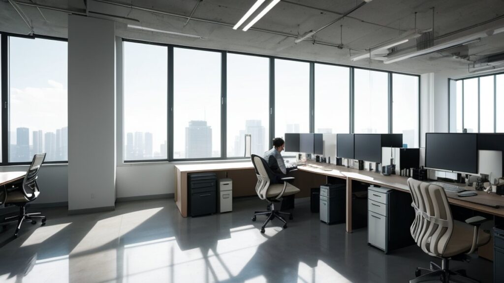 A modern open-plan office with computer workstations