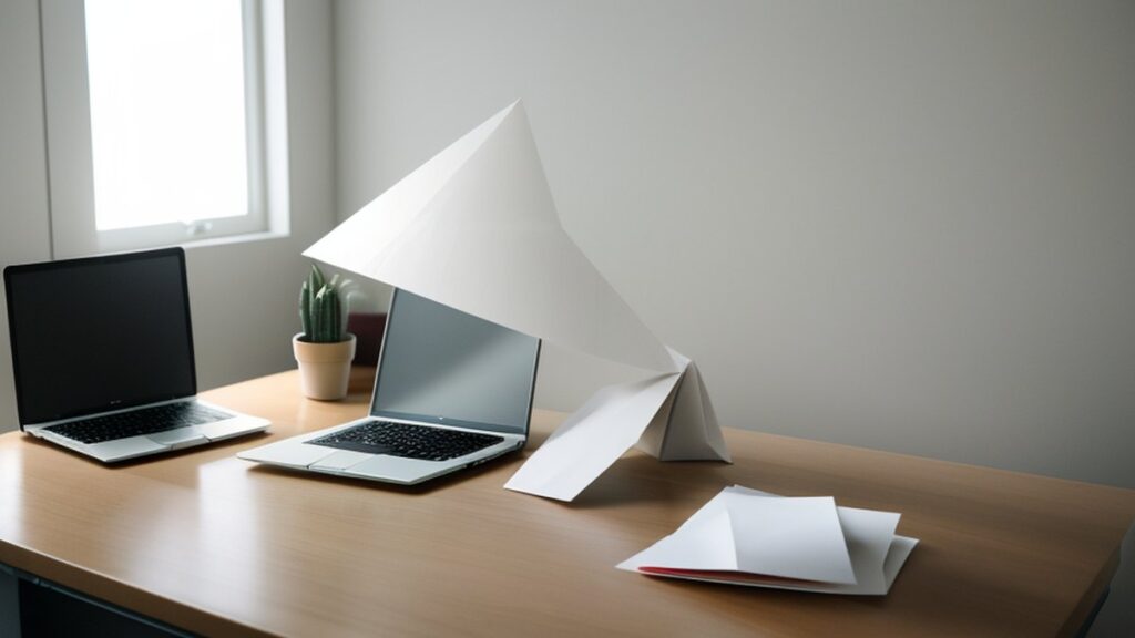 Paper origami shapes next to two laptops on a desk