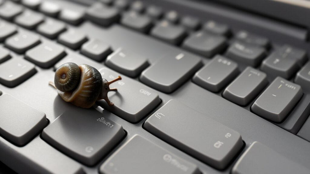 A small snail on a laptop keyboard