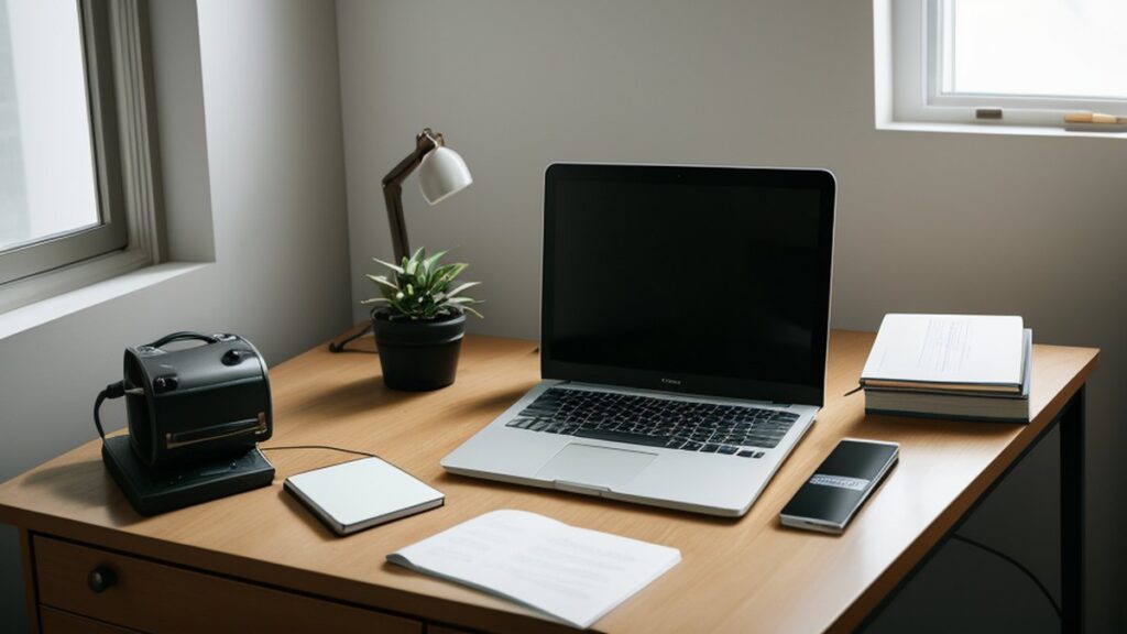 Desk with a laptop, a plant, a lamp and notes by a window