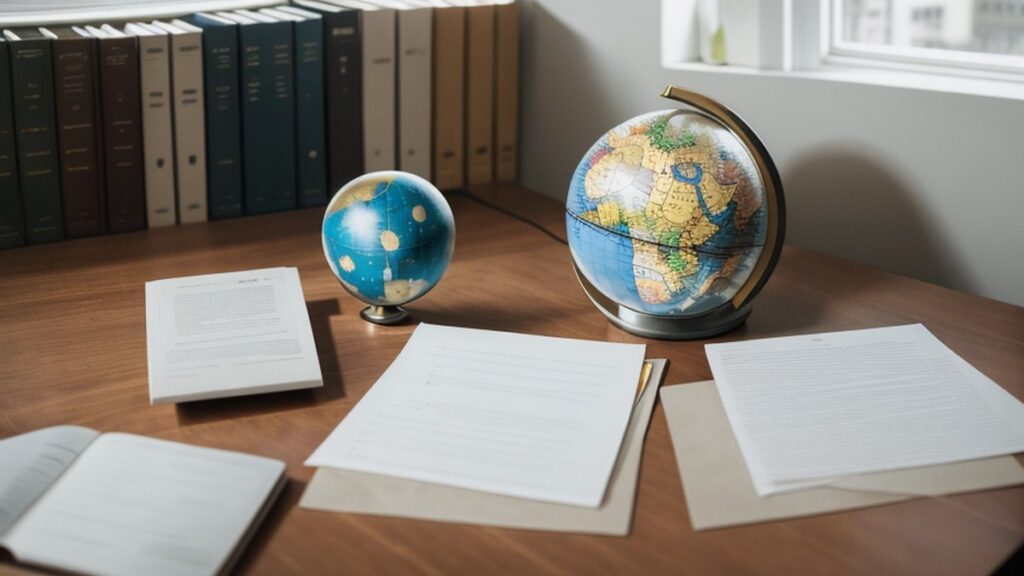 Two globes and documents on a desk in front of binders