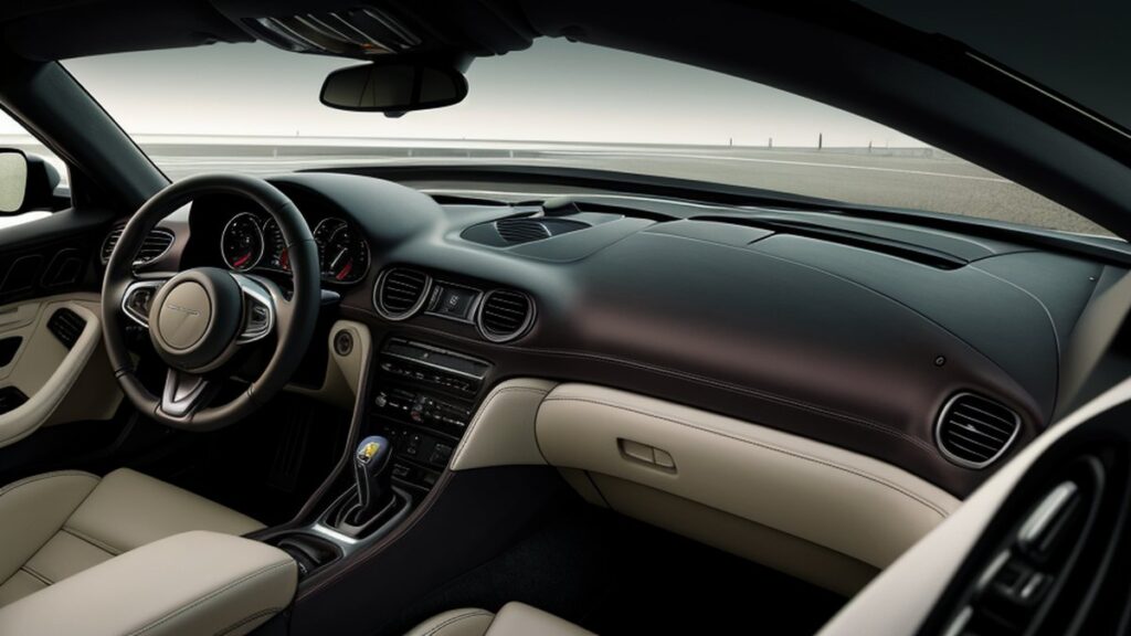 A car interior with the dashboard and steering wheel