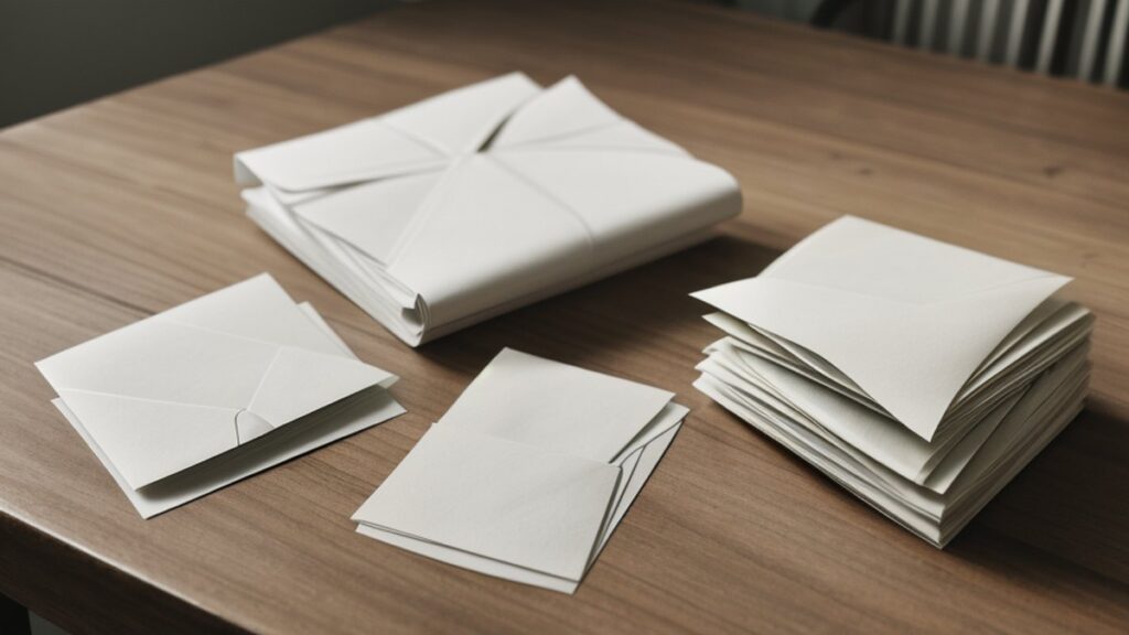 Stacks of paper envelopes on a wooden table