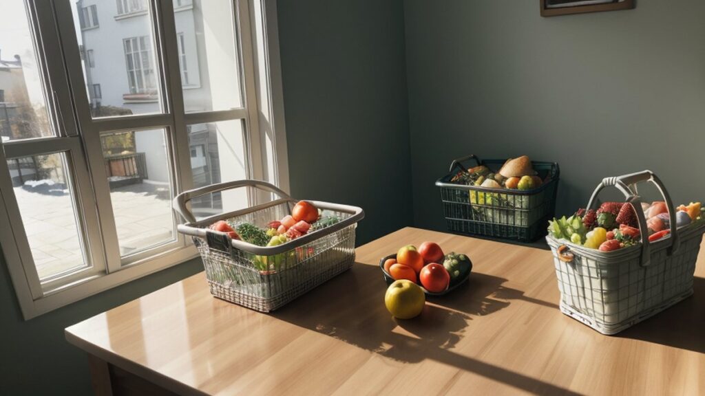 Baskets of fruit and vegetables on a kitchen table