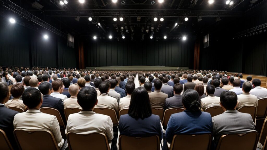 An audience in a conference hall facing the stage