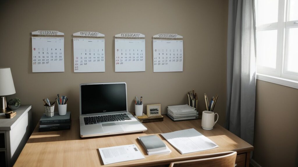 A desk with a laptop and calendars on the wall